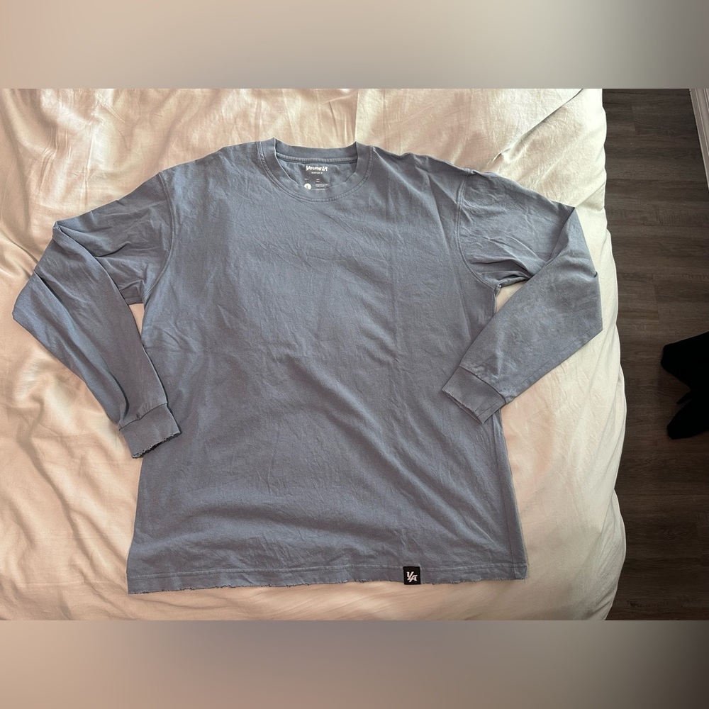 Mens YoungLA Long Sleeve T-Shirt Washed Tee - Blue Wash Size Large